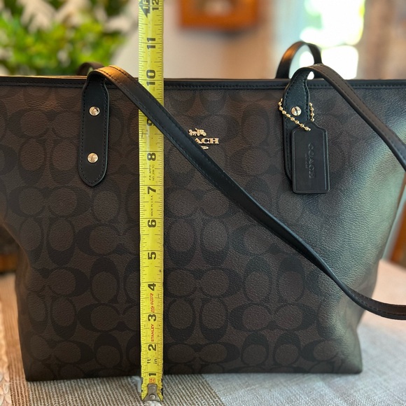 COACH Signature Tote Brown Black Canvas Leather Trim Shoulder Bag Large - Picture 7 of 8